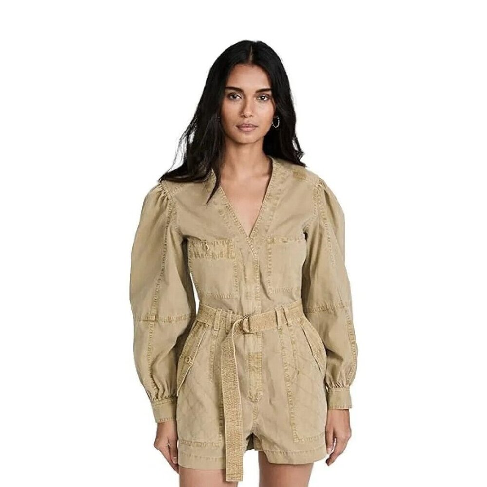 Ulla Johnson Women's Size 00 Beige Cameron V-Neck Puff Sleeve Romper NEW